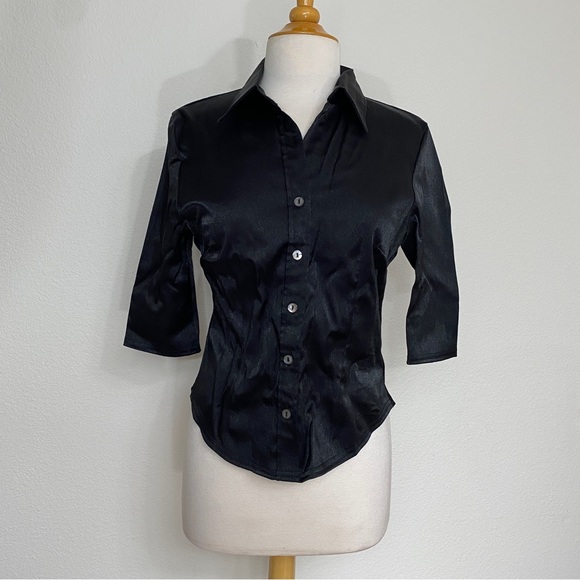 Vintage Jonathan Martin Black Shiny Stretch Button Down Shirt Size Medium Retro - Picture 1 of 13
